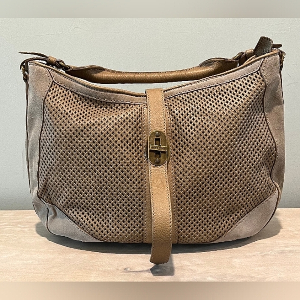 Rare‎ Burberry Lg Bartow Perforated  Leather & Suede Hobo In Trench Color…